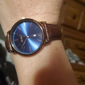 Olevs minimalistic blue and copper watch w leather band